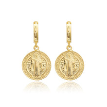 Load image into Gallery viewer, 16k gold vermeil charm earrings with saint emblem clicker fastening