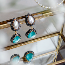 Load image into Gallery viewer, Ocean Dangle Earring With Simulated Pearl And Hematite