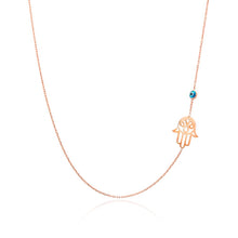 Load image into Gallery viewer, Zarah Sideway Hamsa hand necklace with evil eye amulet