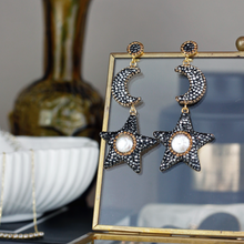 Load image into Gallery viewer, To The Moon And Stars Dangle Earrings With Cultured Pearl
