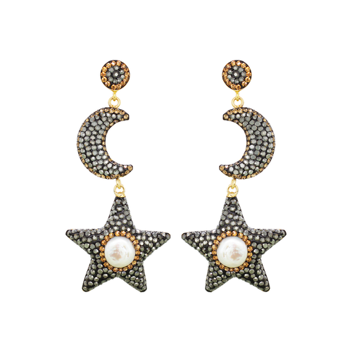 To The Moon And Stars Dangle Earrings With Cultured Pearl