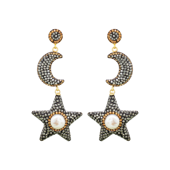 To The Moon And Stars Dangle Earrings With Cultured Pearl