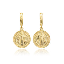 Load image into Gallery viewer, 16k gold vermeil charm earrings with saint emblem clicker fastening
