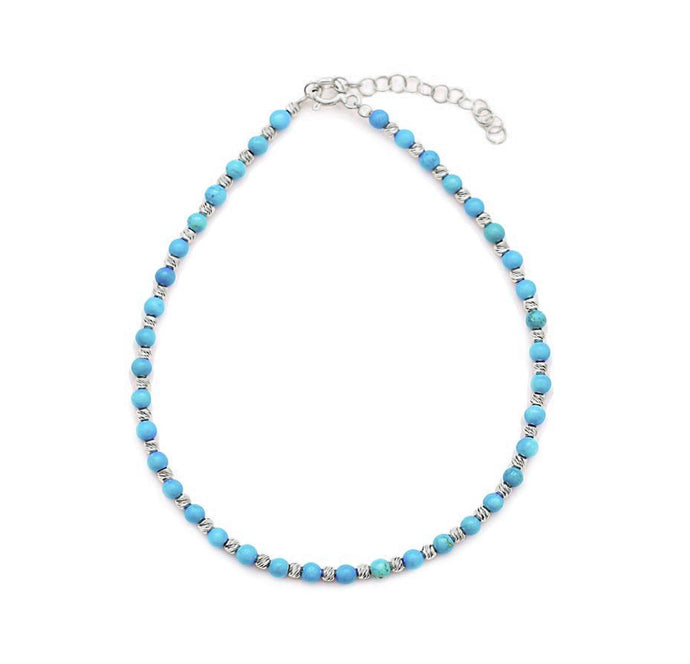 Mia Turquoise Beaded Anklet Silver