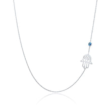 Load image into Gallery viewer, Zarah Sideway Hamsa hand necklace with evil eye amulet
