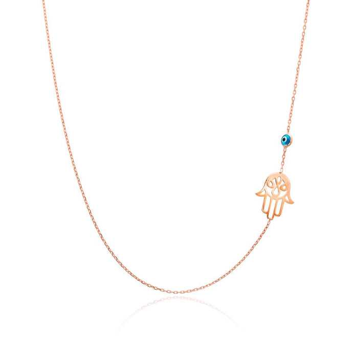 Zarah Sideway Hamsa hand necklace with evil eye amulet